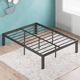 A sleek metal bed frame complemented by a wooden headboard, showcasing a modern design.